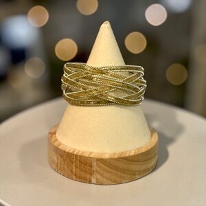 🩶Boho Multi-Strand Braided Tan Seed Bead Silver Tone Cuff Bracelet/NWOT🩶